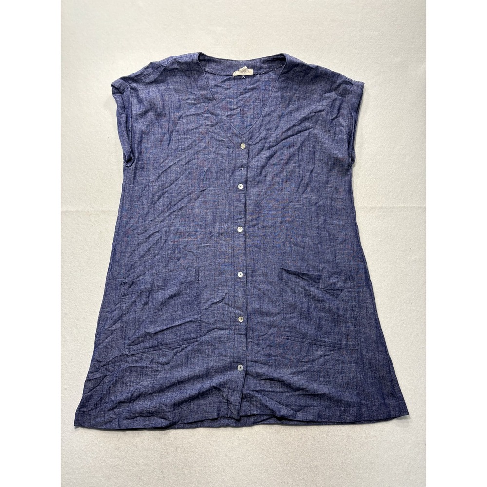 52seven Shirt Dress Womens Large Blue Chambray V Neck Button Front Pockets